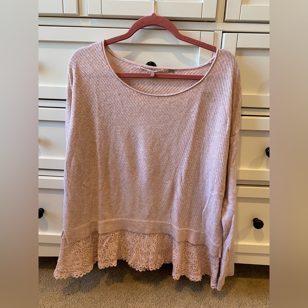Anthropologie pink sweater with lace detailing - size large